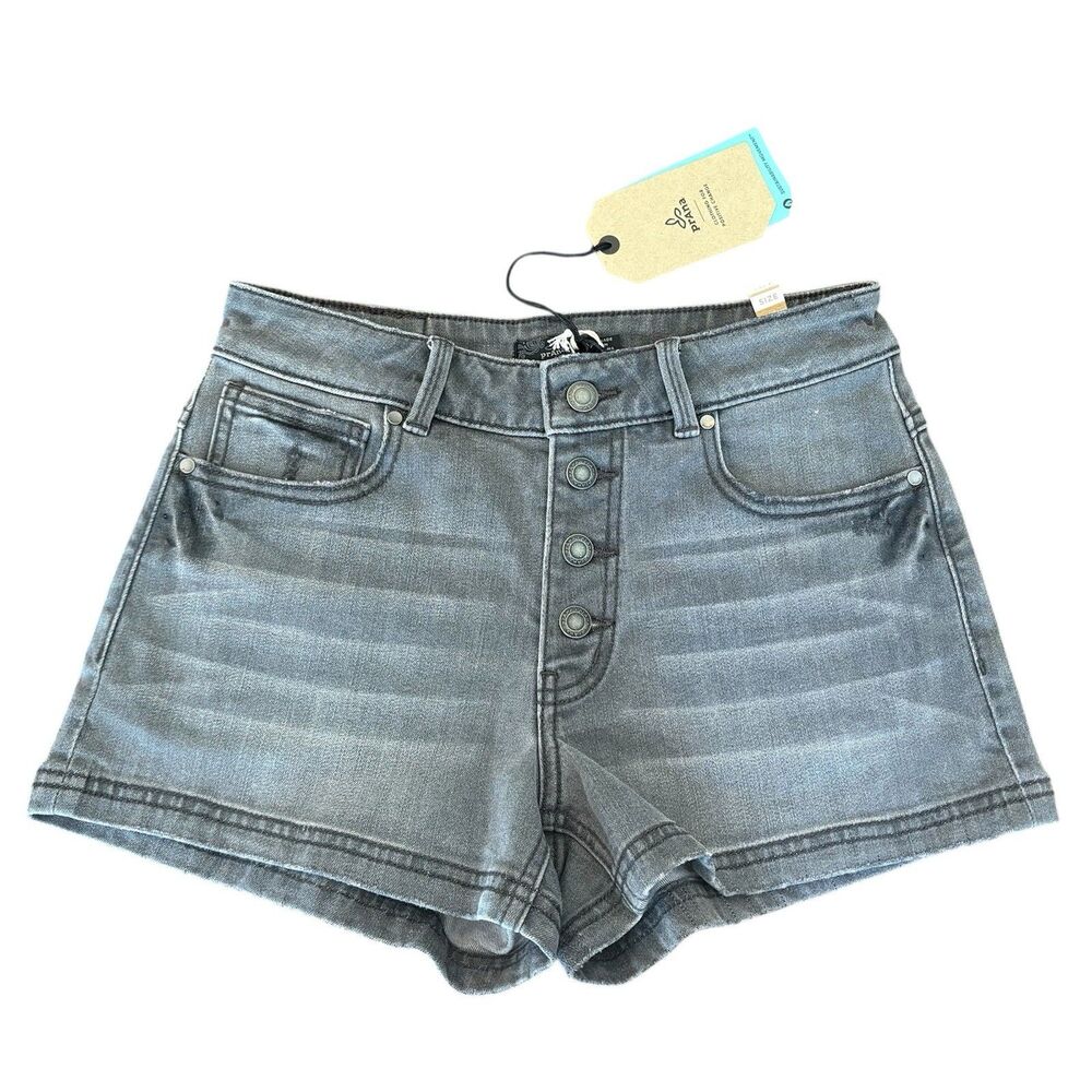 Prana organic cotton whiskered gray denim distressed shorts button fly pockets